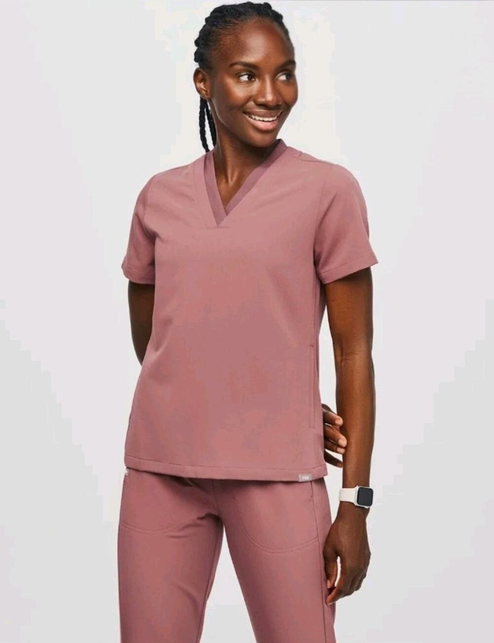 FIGS Oran V-Neck Scrub Top Women's M Mauve Pink Medical Double Lined Neck Detail